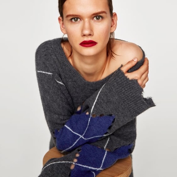 Zara Open Knit Argyle Diamond Distressed Raw Hem Knit Sweater - Picture 4 of 16